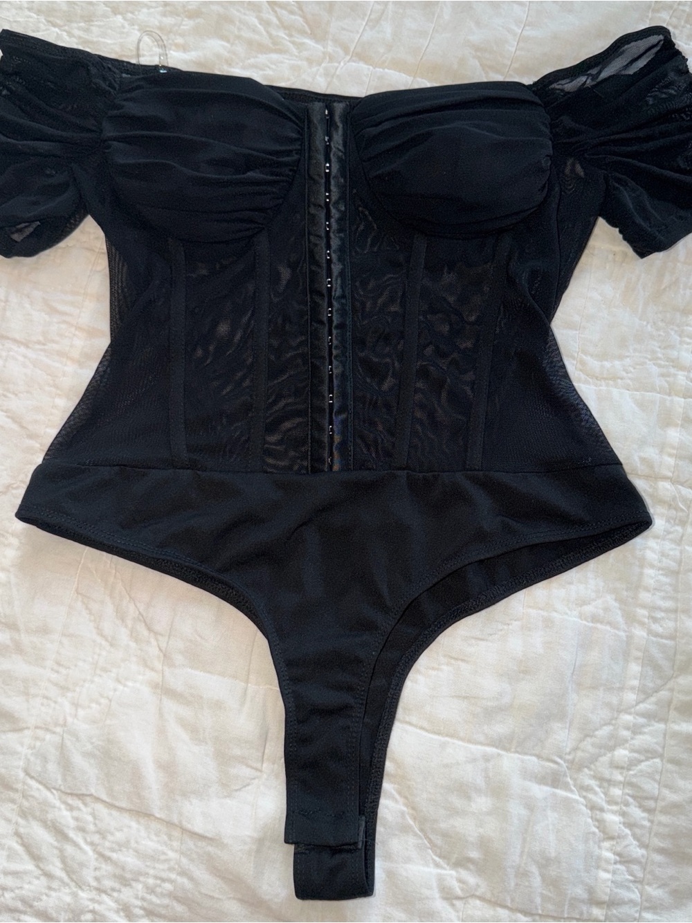 Windsor Black Off-the-Shoulder Mesh Corset Bodysuit